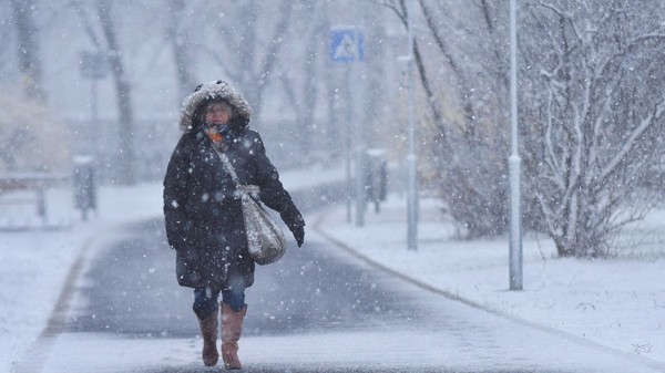 O persoană îmbrăcată cu o geacă groasă cu glugă cu blană mergând pe un trotuar acoperit de zăpadă în timpul unei ninsori abundente.