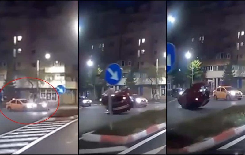 Momentul în care o mașină se răstoarnă după ce este lovită în plin de un taxi, la Sibiu, filmat de o cameră de bord