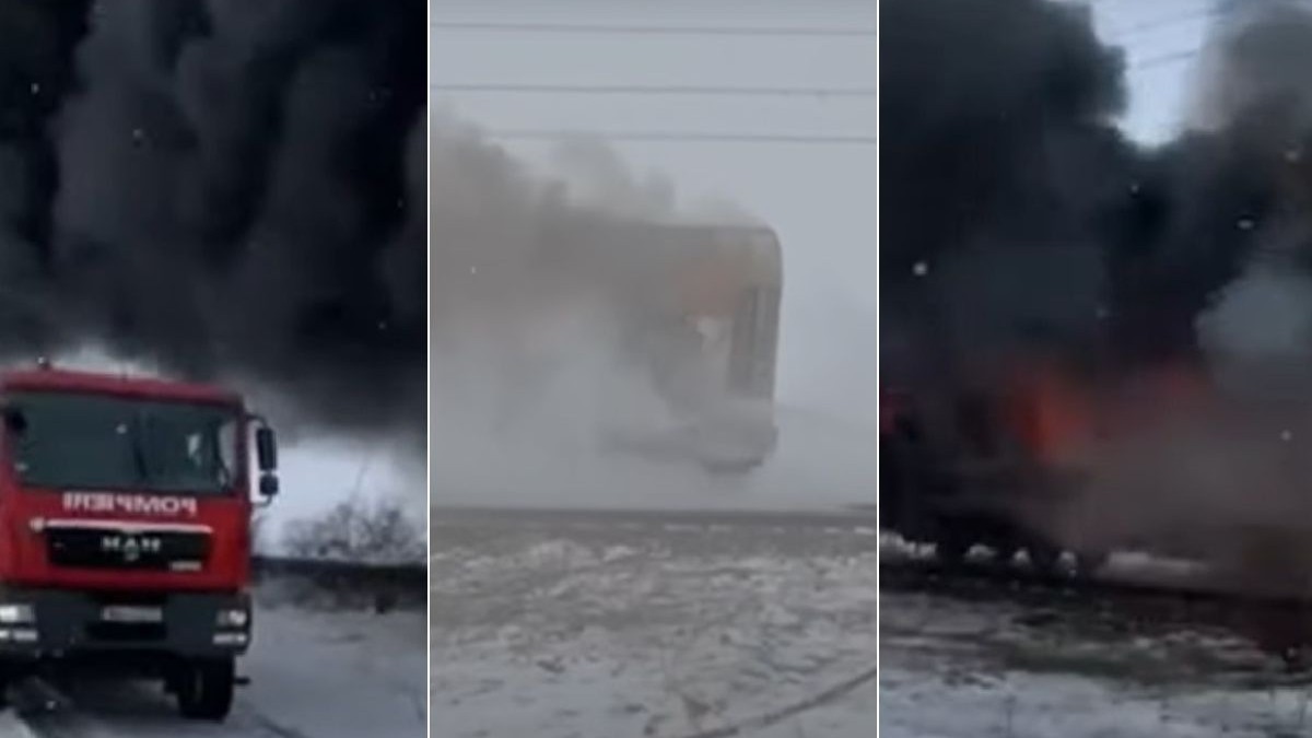 Colaj foto cu trei fotografii făcute în timpul intervenției la incendiul trenului din județul Olt