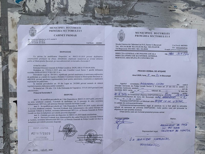 Dispoziția primărie și procesul verbal găsit pe perete de un chioșcar.