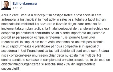 Mesajul dur al lui Edi Iordănescu FOTO: CAPTURĂ FACEBOOK