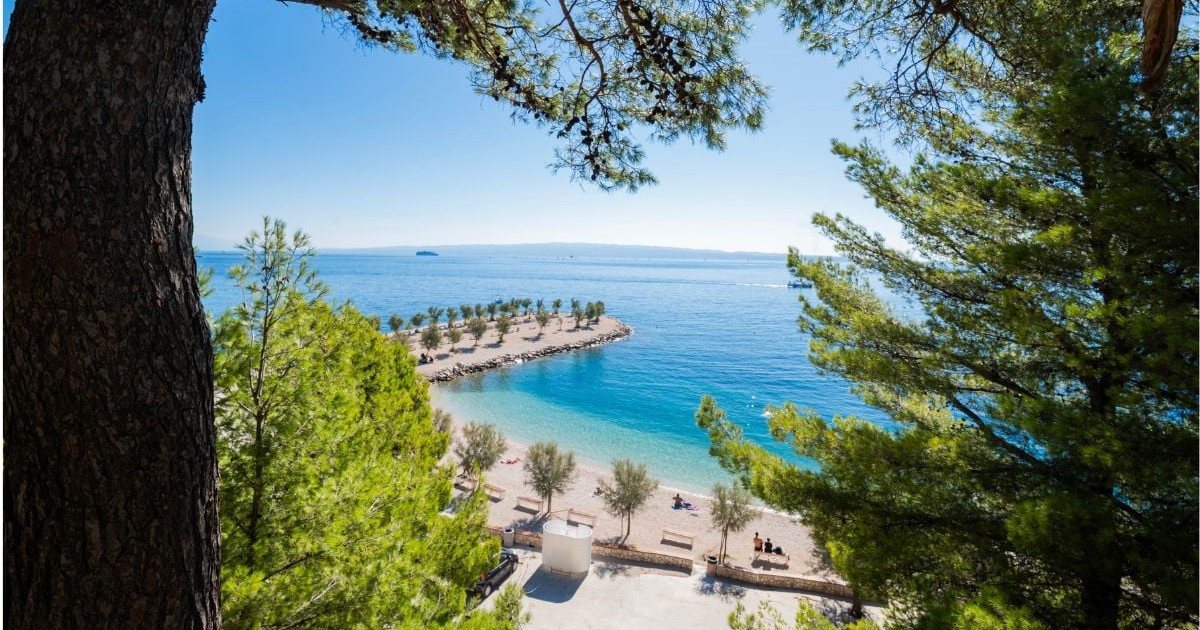o plajă frumoasă cu vedere la Marea Adriatică, cu stânci pe țărm și pini, în Split, Croația