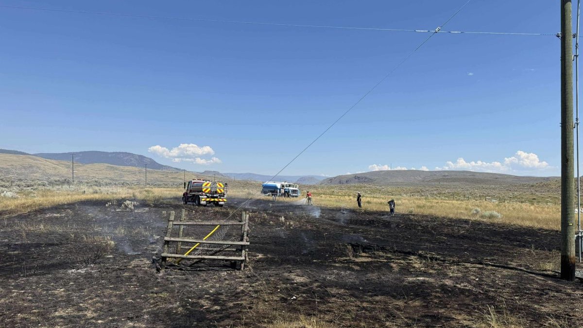 Pompierii intervin pentru stingerea unui incendiu pe câmp, după ce un pește a căzut pe liniile de înaltă tensiune, în Canada, august 2025