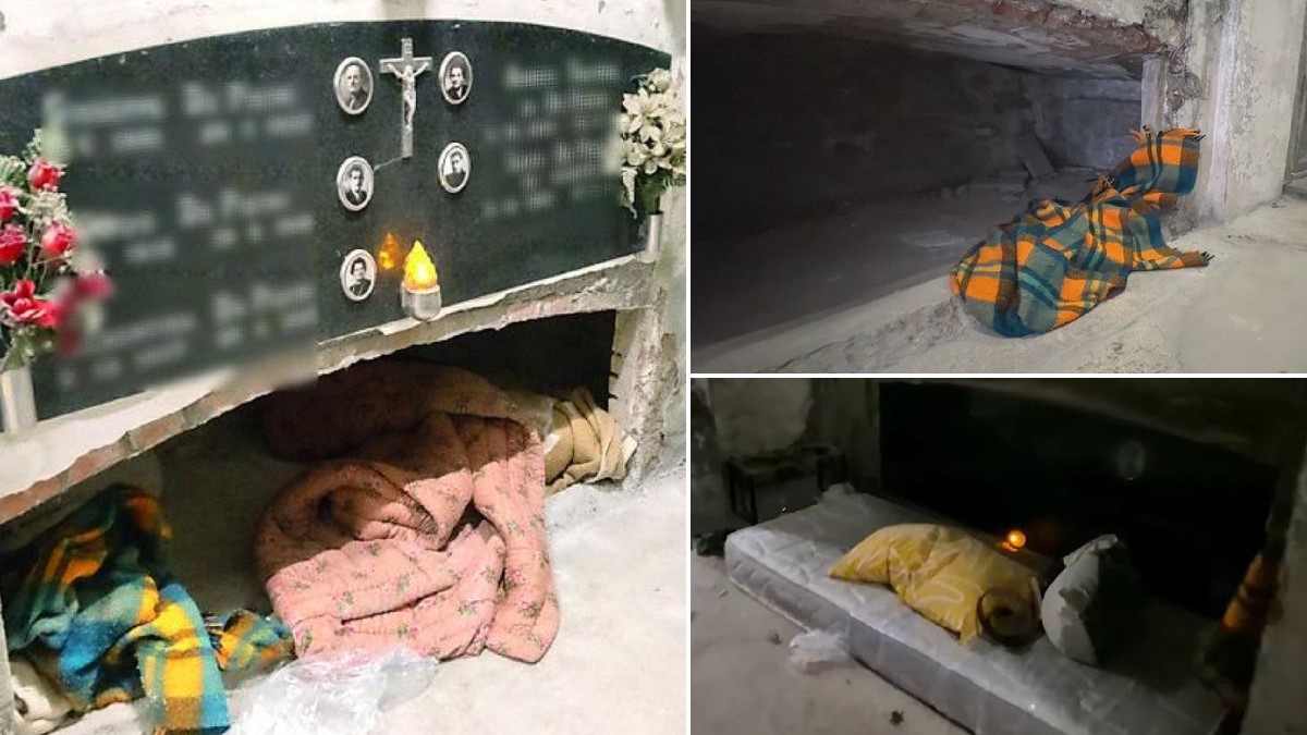 Un colaj fotografic care înfățișează pături și saltele folosite de oameni fără adăpost, în nișele funerare goale dintr-un cimitir