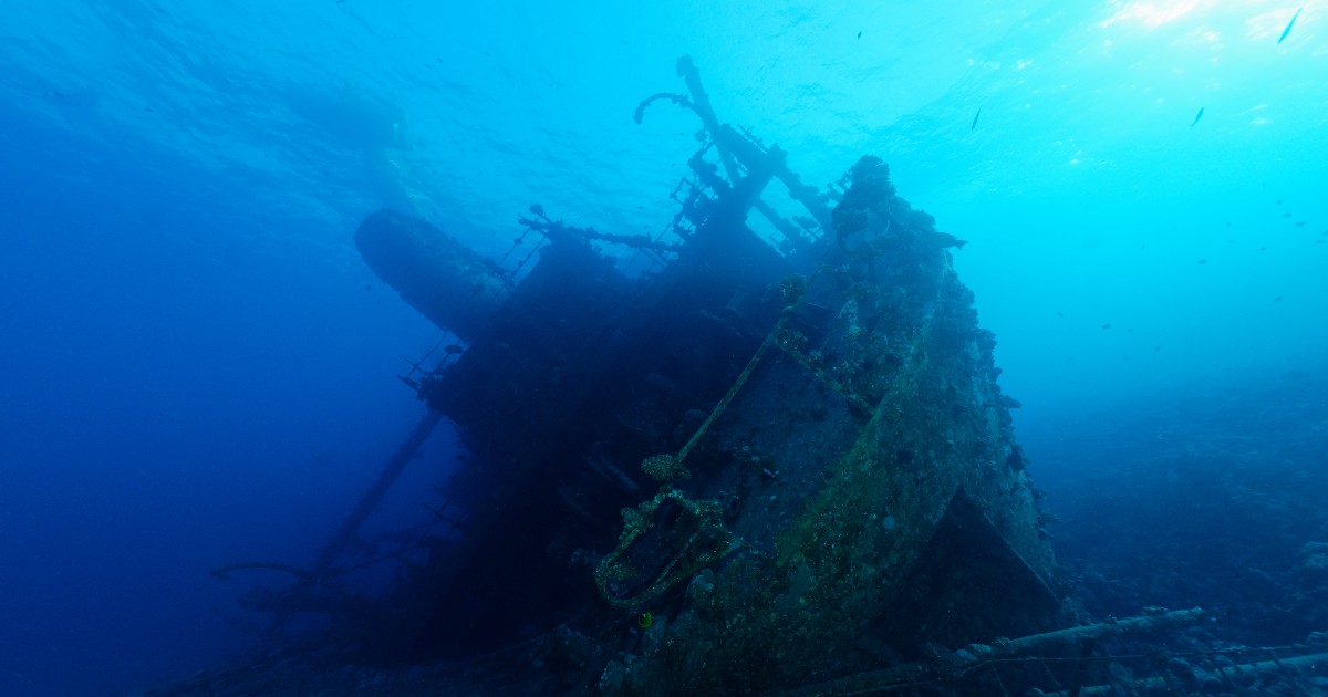 Imaginea surprinde epava unei nave scufundate, aflată pe fundul mării, acoperită de depuneri marine și înconjurată de apă limpede.