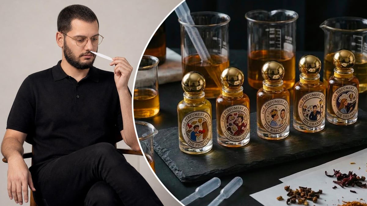 Colaj cu un barbat care incearca un parfum si mai multe sticle de parfum