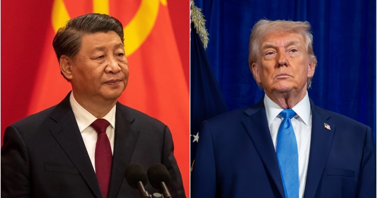 Colaj Xi Jinping, stanga, in costum, cu steagul Chinei in spate / Donald Trump, dreapta, in costum, fundal albastru in spate