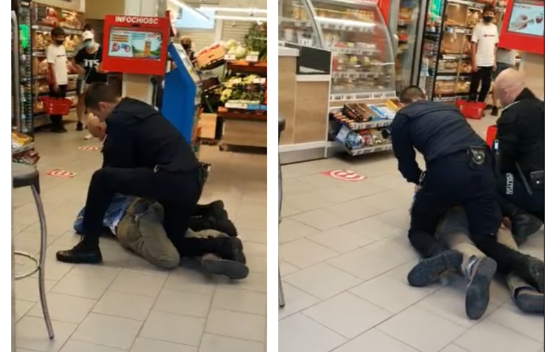 VIDEO | A scos cuțitul când agentul de pază i-a spus să-și pună masca în magazin. Intervenție în forță a polițiștilor