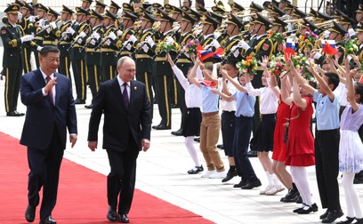 BEIJING, CHINA - MAY 16 : (----EDITORIAL USE ONLY - MANDATORY CREDIT - 'KREMLIN PRESS OFFICE / HANDOUT' - NO MARKETING NO ADVERTISING CAMPAIGNS - DISTRIBUTED AS A SERVICE TO CLIENTS----) Russian President Vladimir Putin (R) is greeted by a ceremonial guard and received a red-carpet welcome in Beijing, China on May 16, 2024. Putin will pay a two-day official visit at the invitation of his Chinese counterpart Xi Jinping (L). Kremlin Press Office / Handout / Anadolu/ABACAPRESS.COM