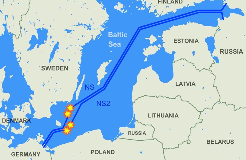 Harta Europei, în Marea Baltică sunt trasate cele două gazoducte Nord Stream și sunt marcate cele două puncte în care a avut loc explozia. Sursa foto: Getty Images