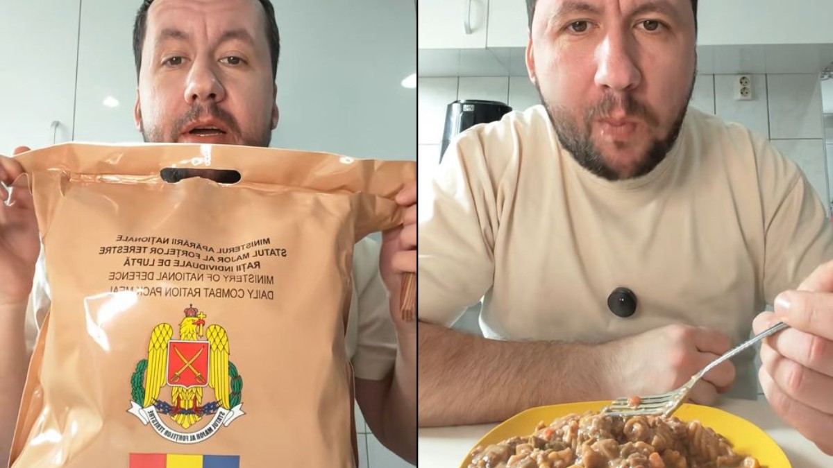 Un colaj cu două fotografii în care apare un bărbat care desface un pachet cu o rația militară pentru soldații români