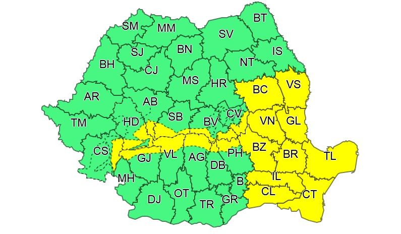 Harta zonelor vizate de cod galben, până la ora 18.00