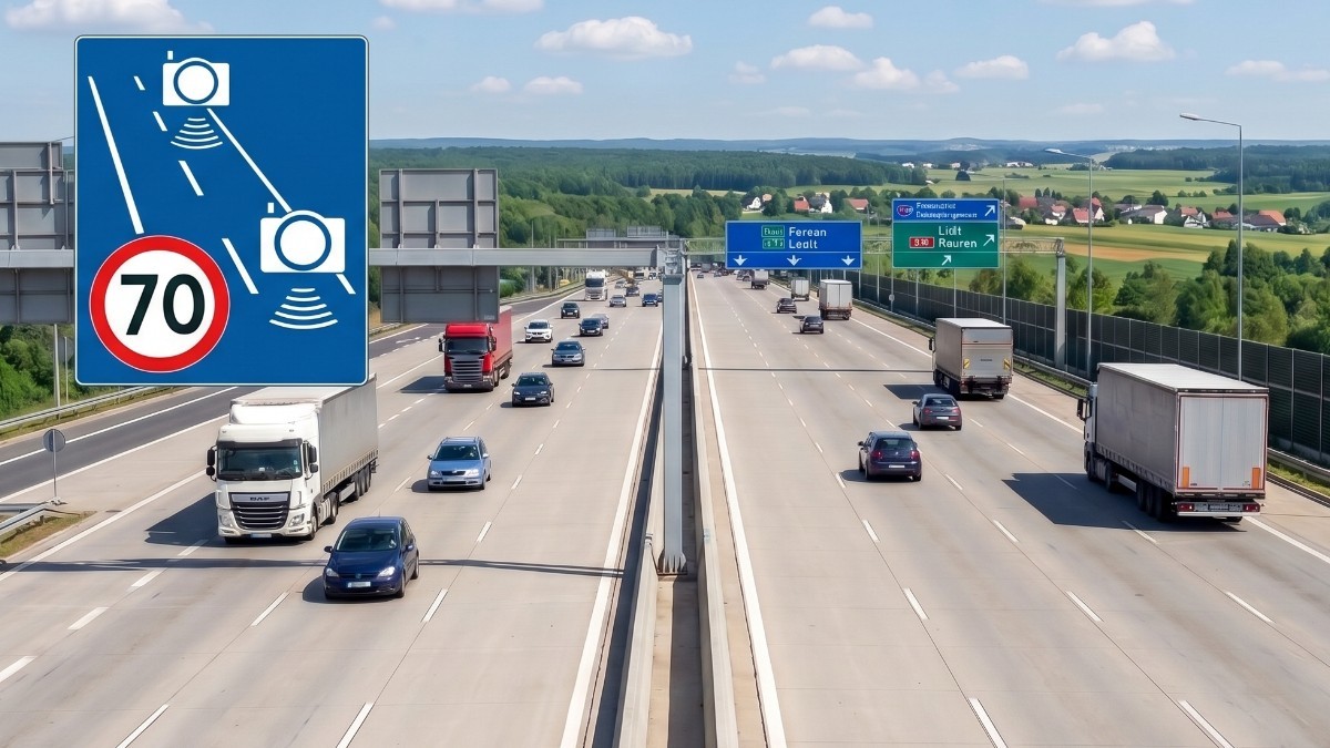 O autostradă intens circulată de camioane și autoturisme, suprapusă în colțul din stânga sus cu un indicator albastru ce semnalizează monitorizarea vitezei prin camere video și o limită de 70 km/h / Imagine realizată cu inteligența artificială