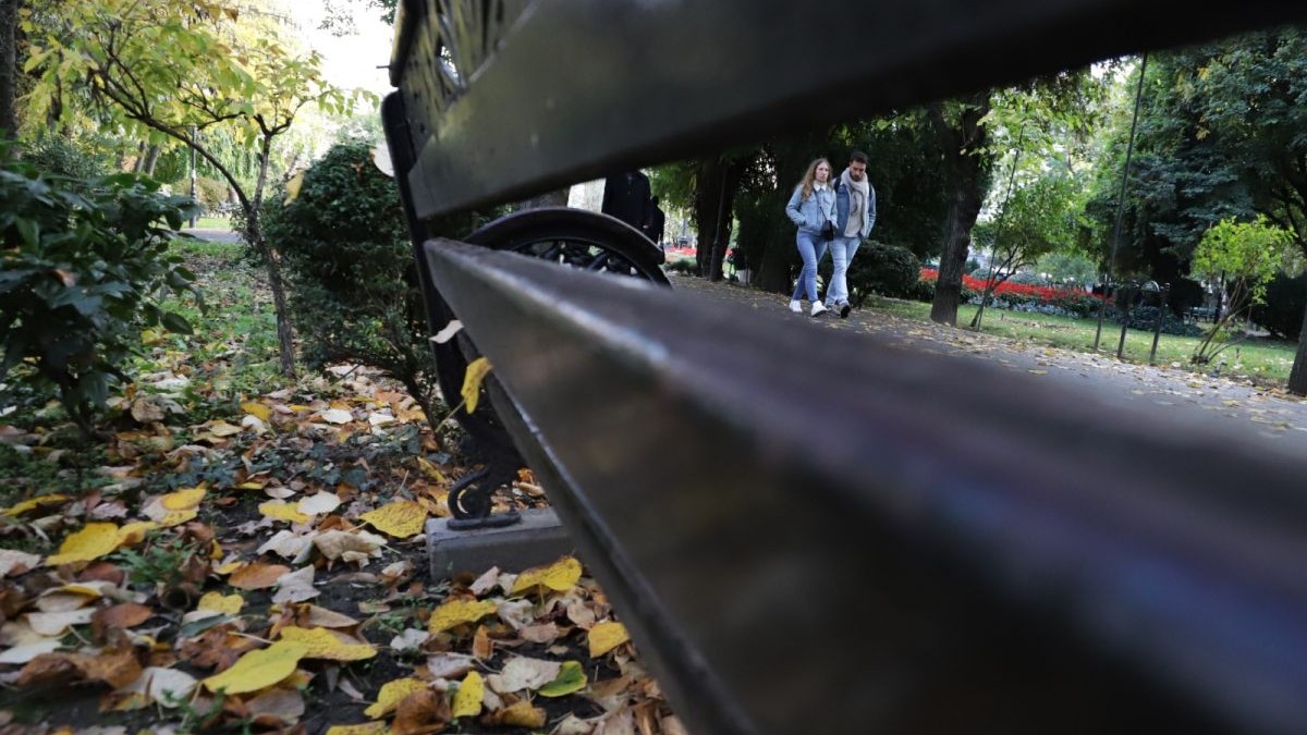 Doi tineri se plimbă în parc și se văd prin spațiul liber dintre șipcile de lemn ale unei bănci maro, în stânga sunt frunze galbene căzute pe jos și se vede verdeață, în parcul Cișmigiu, București, 27 octombrie 2025