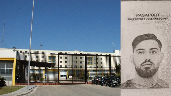 În partea stângă un penitenciar, iar în partea dreaptă fotografia de pașaport a unui bărbat tânăr cu barbă.