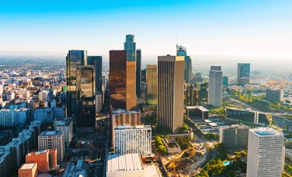 Aerial view of a Downtown Los Angeles at sunset