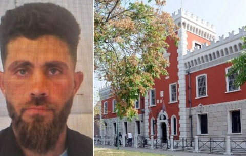 Colaj ce alătură portretul unui bărbat tânăr cu barbă, în partea stângă, și fațada unei clădiri roșii cu arhitectură istorică și turnuri fortificate, în partea dreaptă