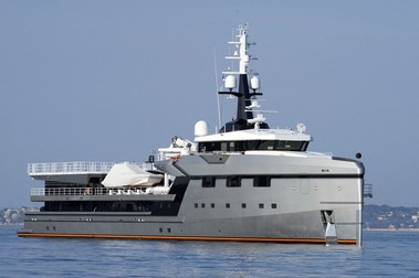 Jeff Bezos' yacht support vessels in Antibes, France on May 23, 2033. Jeff Bezos' superyacht Koru sails with Abeona, a 246-foot support vessel. Superyachts often have support vessels following along behind them. These "shadows," as they are colloquially known, are for the "toys", the ATVs, supercars, seaplanes, motorcycles, smaller boats, scuba gear, personal submarines and even helicopters. Photo by ABACAPRESS.COM