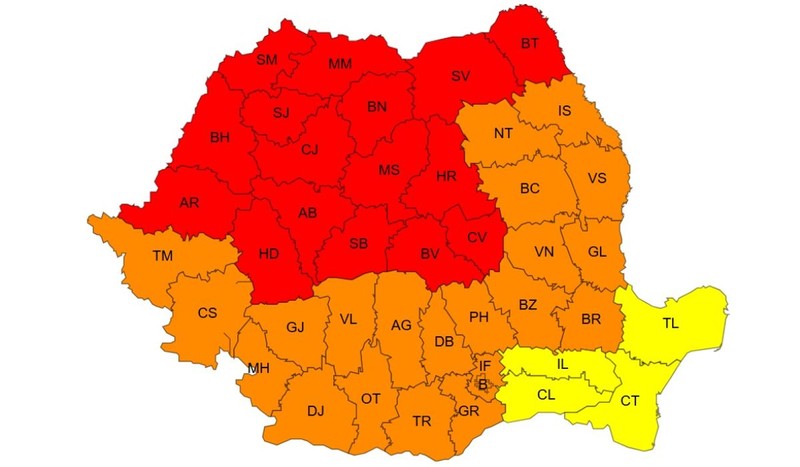 16 județe din nordul, vestul și centrul țării vor fi sub incidența unui cod roșu de temperaturi extreme între 28 și 29 iunie 2026. Sursa foto: ANM. Citeşte întreaga ştire: Cod roșu de temperaturi record de la ANM. Meteorologii au publicat harta zonelor afectate de valul de căldură extremă