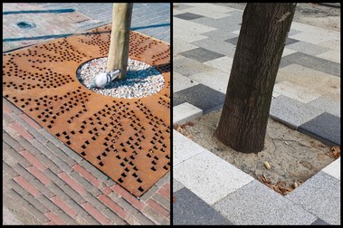 Stânga, cum se face o amenajare corectă. Grilaj care permite oxigenarea rădăcinilor copacului. Dreapta, amenajarea de pe Bd. Decebal. Dalele de beton nu lasă să intre aerul și apa la rădăcini