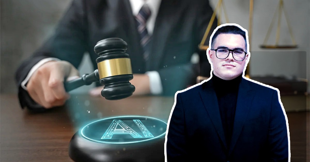 Colaj dintre o poză cu un judecător care dă o sentință cu ajutorul inteligenței articiale.