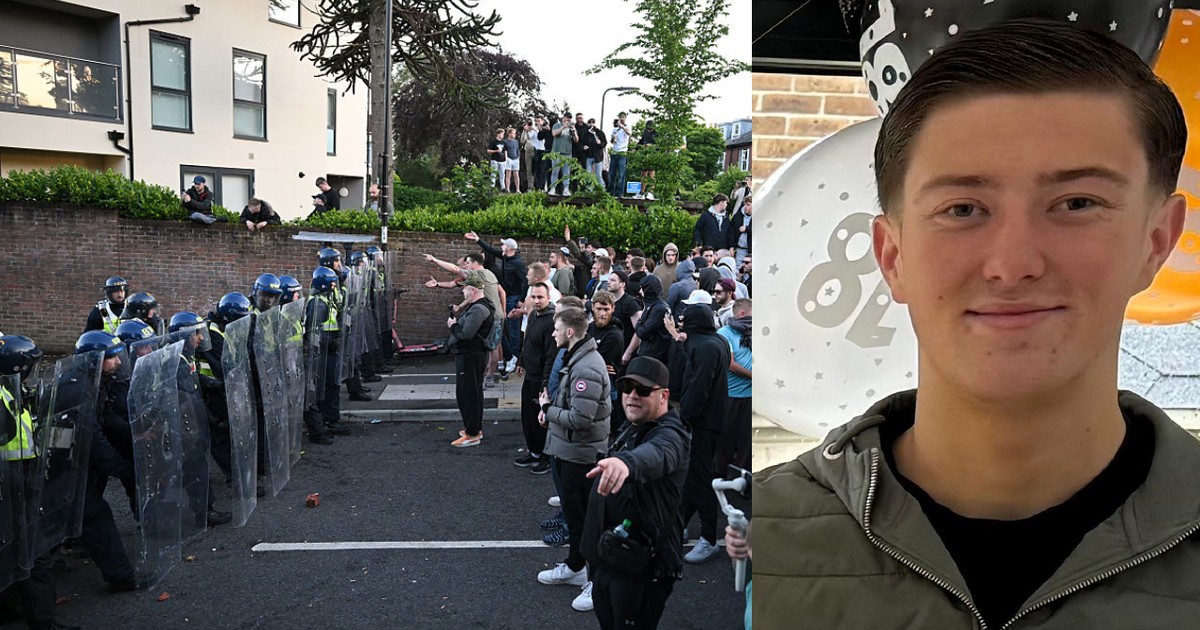 SOUTHAMPTON, ANGLIA - 2 IUNIE: Oamenii se confruntă cu poliția antirevoltă în timp ce protestatarii se adună lângă locul unde Henry Nowak a murit în timpul unei demonstrații privind modul în care poliția a gestionat incidentul, pe 2 iunie 2026 în Southampton, Anglia.