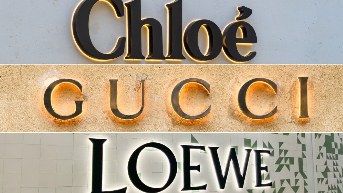 Colaj foto cu trei poze suprapuse în care se văd, de sus în jos, logo-urile brand-urilor Chloe, Gucci și Loewe