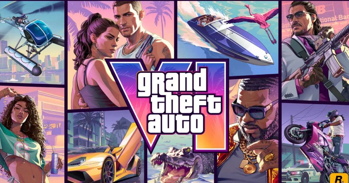 Coperta jocului GTA 6, cu personaje stilizate în stilul recunoscut, și logo-ul Grand Theft Auto în mijlocul colajului.