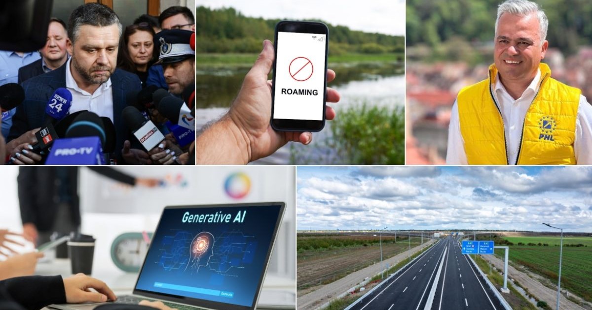 Colaj din cinci fotografii în care apar Ciprian Ciucu, primarul din București, un telefon pe care scrie Roaming, Adrian Veștea cu o vestă galbenă pe care scrie PNL, un laptop pe care scrie Generative AI și o autostradă din România