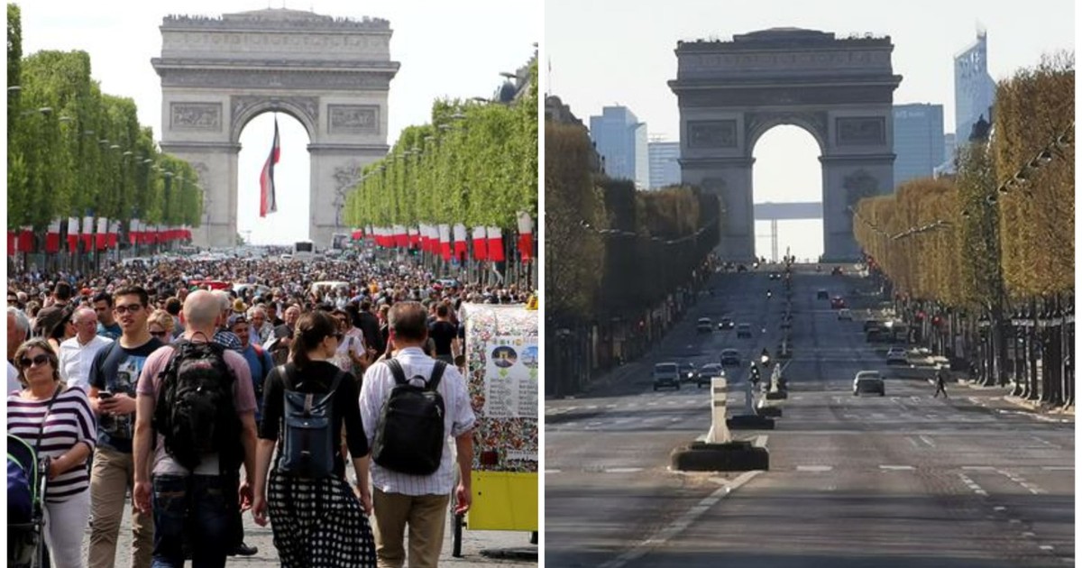 Bulevardul Champs-Elysees din Paris, înainte și după epidemia de coronavirus
