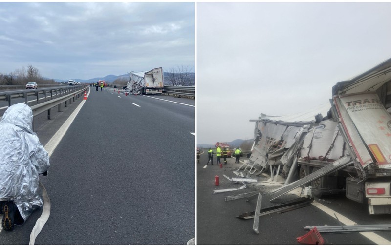 Accident pe A1 în Hunedoara între două TIR-uri: o încărcătură de sulfat de amoniu s-a împrăștiat pe șosea