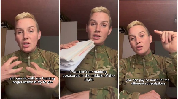 Colaj format din trei cadre ce prezintă o femeie cu părul scurt și blond, îmbrăcată într-o jachetă tactică cu camuflaj militar, vorbind în fața camerei și arătând un pachet de ilustrate/scrisori, pe imagini fiind suprapuse subtitrări în limba engleză.   