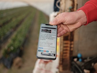 Un muncitor român ne arată un articol din presa spaniolă despre neregulile de la fermele din Palos de la Frontera