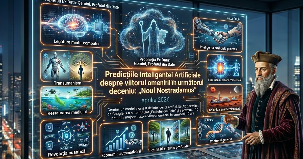 O imagine cu Nostradamus în fața unui ecran îe care sunt enumerate diferite predilecții pe care inteligența artificială le-a făcut pentru următorii ani.