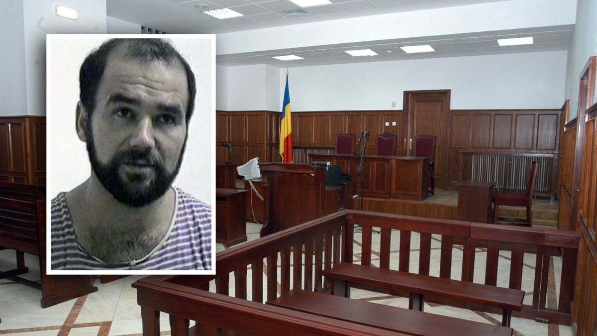 Colaj cu un medalion în care apare Suto Ferenc și pe fundal o sală de judecată cu mobilier maro și steagul României pe perete