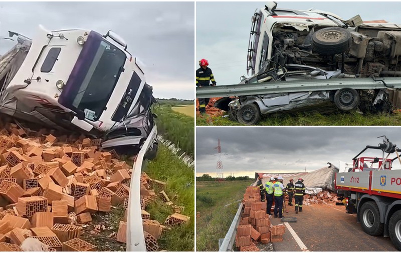 Un TIR încărcat cu cărămizi s-a răsturnat peste o mașină și a strivit-o, pe Centura Timișoarei. Unul dintre șoferi a murit pe loc