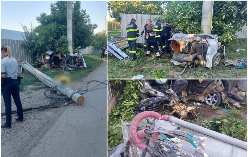 Un șofer fără permis și un băiat de 16 ani au murit într-un BMW rupt în două într-un stâlp, lângă Pechea, în Galați