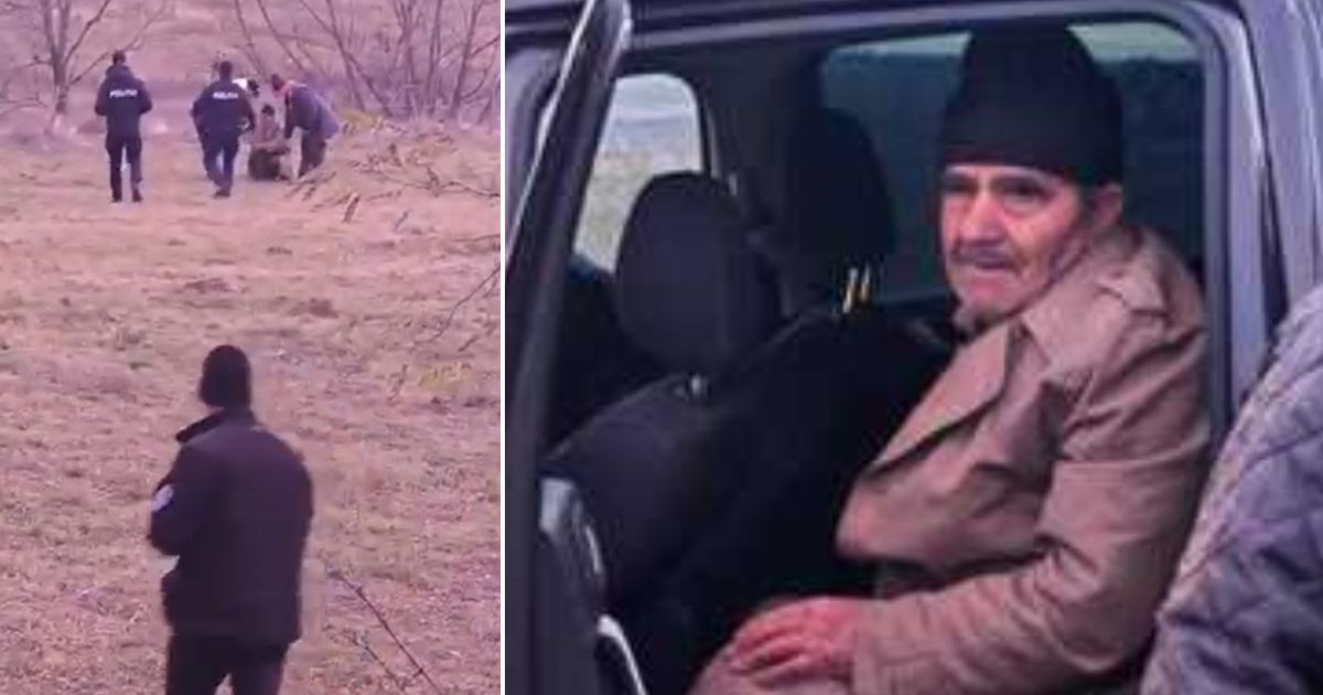 Colaj din două fotografii. În stânga momentul în care un bătrân e găsit de polițiști, iar în dreapta este un prim-plan cu bărbatul într-o mașină a poliției