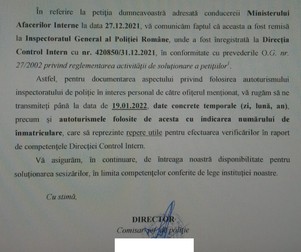 Răspunsul primit în 2021 de la Poliția Română de către persoana care a reclamat că șeful IPJ Timiș folosește mașinile de serviciu în interes personal