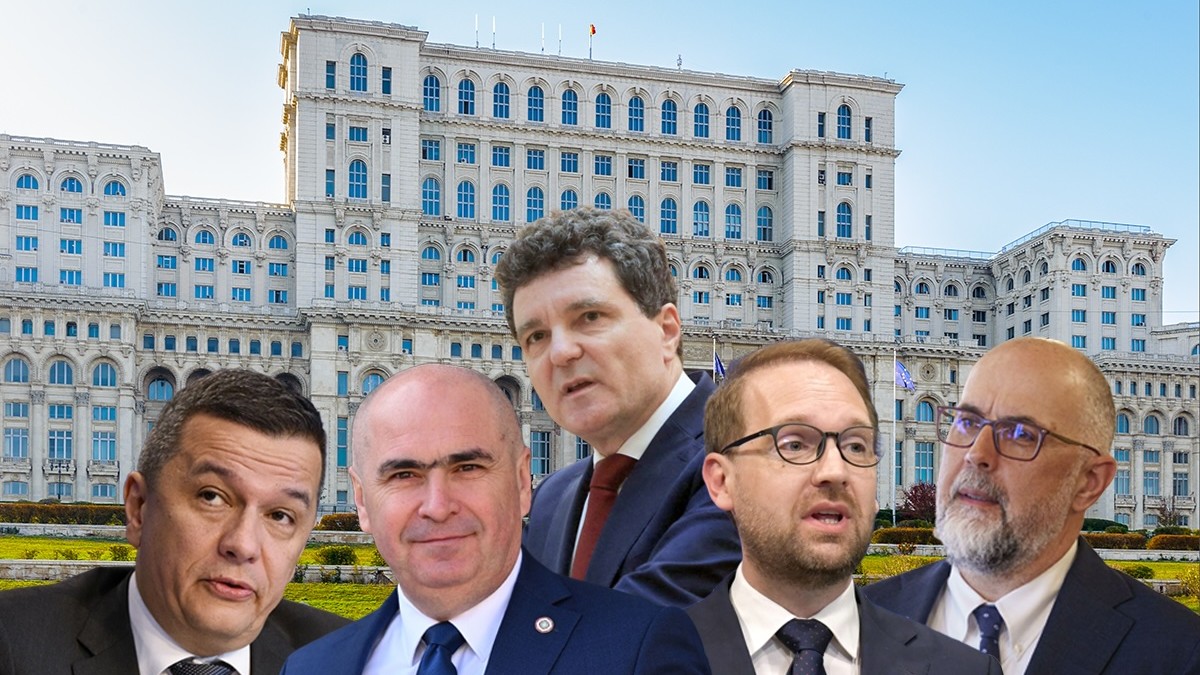 Colaj fundal Palatul Parlamentului și Sorin Grindeanu, Ilie Bolojan, Nicușor Dan, Dominic Fritz, Kelemen Hunor (de la stânga)