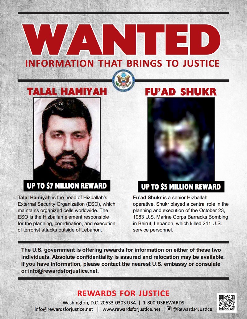 FILE - This wanted poster released by the U.S. Department of State Rewards for Justice program shows Hezbollah figures Talal Hamiyah, left, and Fu'ad Shukr. Israel carried out a strike in Lebanon on Tuesday, July 30, 2024, that it said killed Fouad Shukur, a top Hezbollah military commander whom the U.S. blames for planning and launching the deadly 1983 Marine bombing in the Lebanese capital. Hezbollah confirmed the death Wednesday.,Image: 894734632, License: Rights-managed, Restrictions: This content is intended for editorial use only. For other uses, additional clearances may be required. Handout - Government Produced FILE PHOTO - AP PROVIDES ACCESS TO THIS PUBLICLY DISTRIBUTED HANDOUT PHOTO PROVIDED BY REWARDS FOR JUSTICE MANDATORY CREDIT., Model Release: no, Pictured: Fouad Shukur