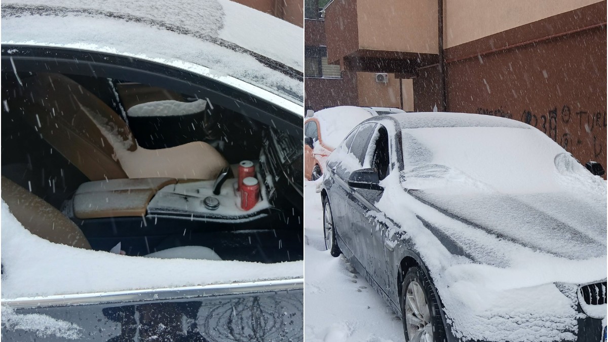 Imaginile surprind un autoturism parcat în timpul viscolului, acoperit aproape complet de zăpadă. Geamurile laterale sunt deschise, iar interiorul mașinii este vizibil, fiind pătruns de ninsoare.