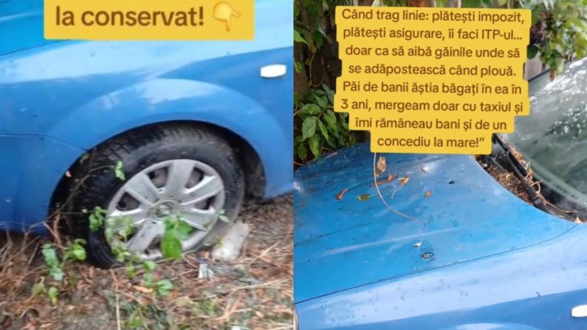 Un colaj cu o mașină albastră care a stat timp de trei ani într-o curte
