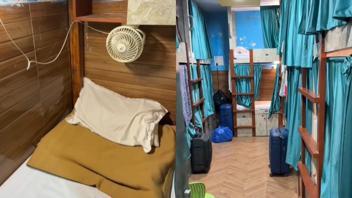 Un colaj cu două fotografii în care apare hotelul din India. În imaginea din stânga se vede un pt cu pătura maro și o pernă albă murdară, iar în imaginea din dreapta se văd mai multe paturi suprapuse cu perdele albastre