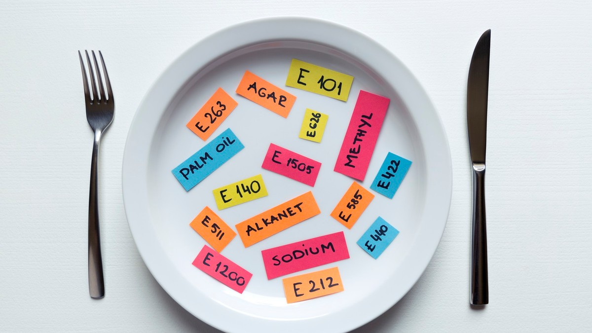 Farfurie albă cu notițe colorate pe care sunt notate aditivi alimentari. În dreapta este un cuțit, iar în stânga o furculiță