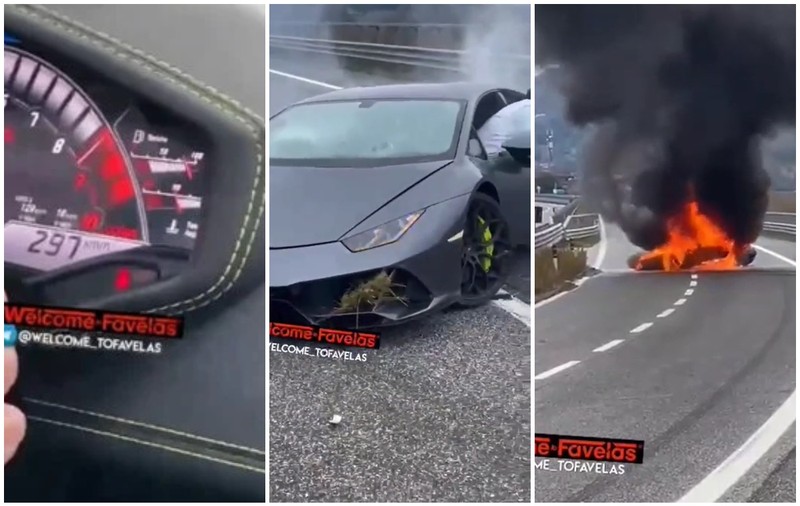 Șoferul care a închiriat un Lamborghini și s-a filmat conducând cu 321 km/h a făcut accident și mașina a ars pe autostradă