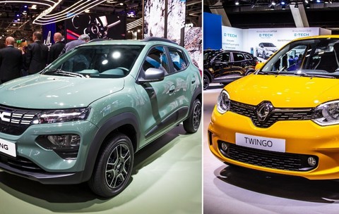 colaj foto format din două imagini: imaginea din stanga arata un dacia spring bleu iar imaginea din dreapta arata un renault twingo galben