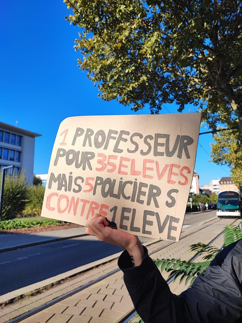 Mesaj de nemulțumire al elevilor de la manifestația din Strasbourg. Sursa foto: Radu Eremia