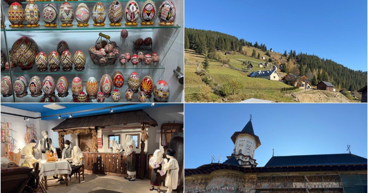 Acest colaj prezintă diverse aspecte ale regiunii Bucovina, incluzând arta tradițională, peisajele rurale și patrimoniul religios. Se pot observa ouă încondeiate (pictate) expuse pe rafturi, peisaje de deal cu case tradiționale răsfirate și o clădire religioasă istorică, remarcabilă prin picturile sale exterioare, tipice mănăstirilor din Bucovina.