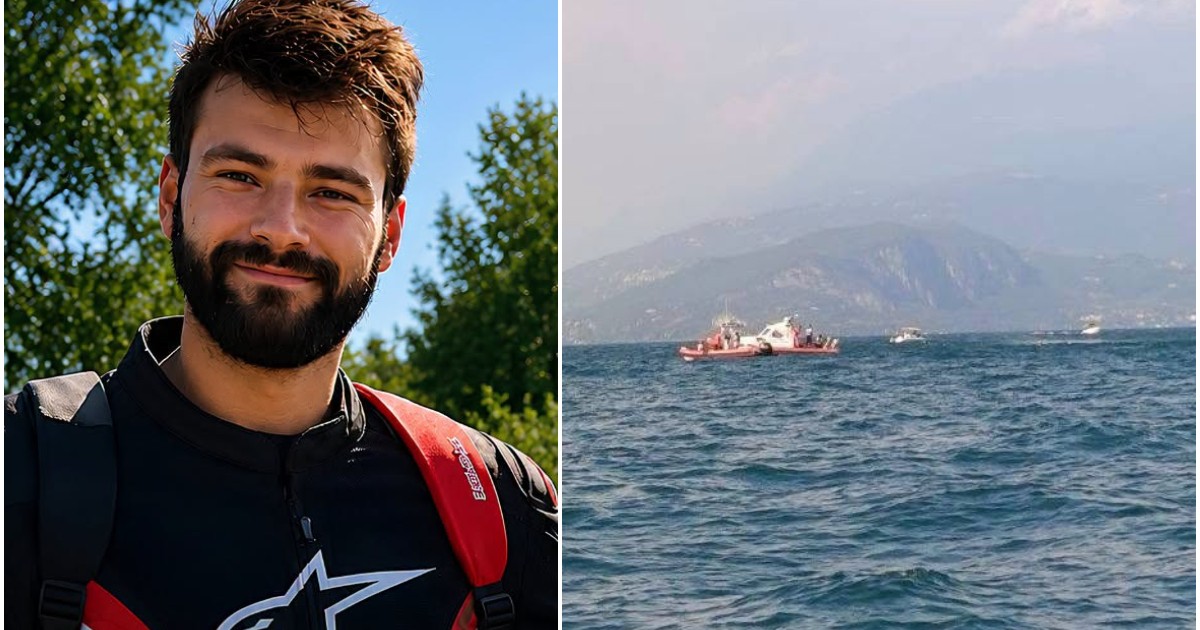 Imaginea compusă prezintă în stânga portretul unui tânăr cu barbă îmbrăcat în echipament moto, iar în dreapta o intervenție a mai multor ambarcațiuni de salvare pe o apă întinsă.